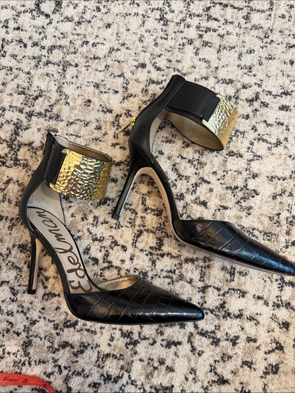 Sam Edelman Black Croc-Embossed Pointed Toe Heels with Gold Textured Ankle Cuff - Picture 3 of 4